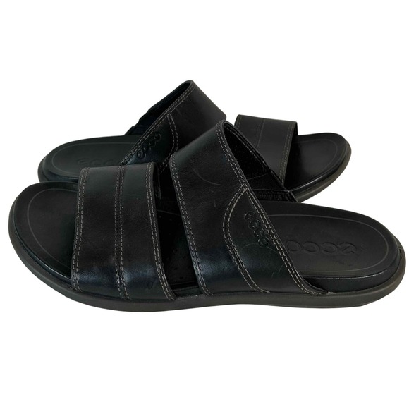 ECCO Mens Black Leather Two Strap Slide Sandals Casual Comfort Size 43 US 11 - Picture 1 of 13